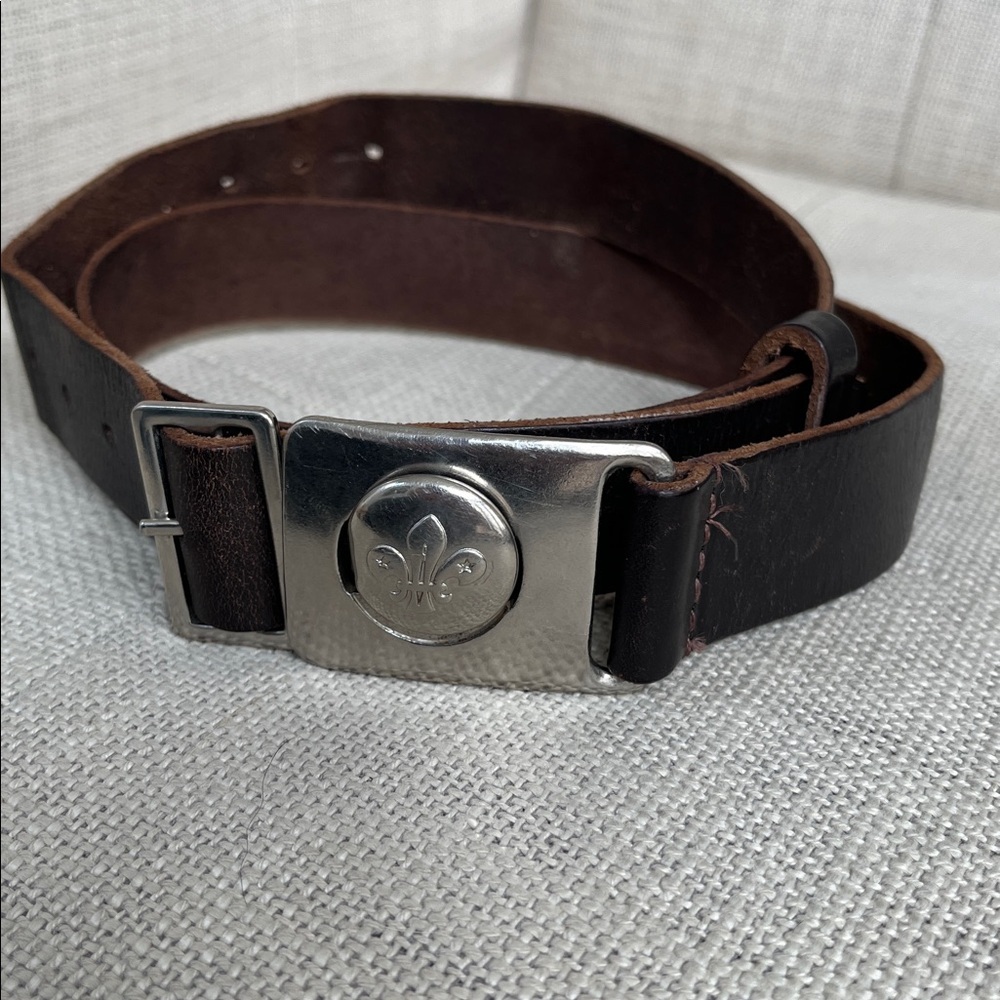 Vintage Scout Assn Approved Patt Brown Leather Belt Two Piece Buckle Adjustable